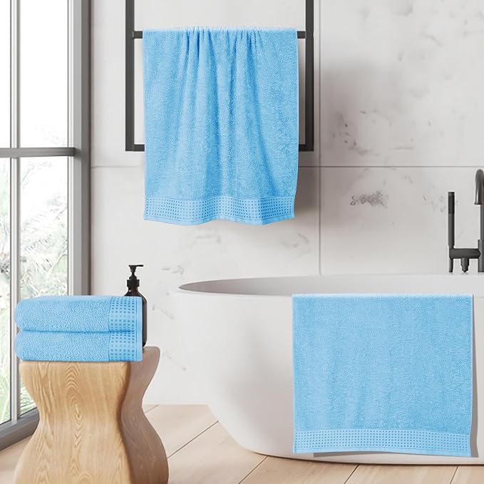 GLAMBURG Ultra Soft 4 Pack Oversized Bath Towel Set 27x54 inches, 100% Cotton Bath Towels, Highly Absorbant Compact Quickdry & Lightweight Towel, Ideal for Gym Travel Camp Pool - Sky Blue