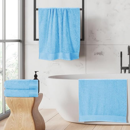 GLAMBURG Ultra Soft 4 Pack Oversized Bath Towel Set 27x54 inches, 100% Cotton Bath Towels, Highly Absorbant Compact Quickdry & Lightweight Towel, Ideal for Gym Travel Camp Pool - Sky Blue