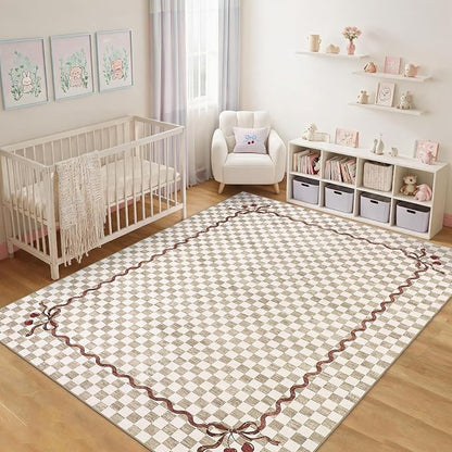 Garvee Washable 8x10 Area Rug for Living Room Neutral Checkered Cherry | Coquette Non Slip Soft Bedroom Rugs Non Shedding Low Pile Stain Resistant Carpet for Nursery Grils Dorm Playroom Office