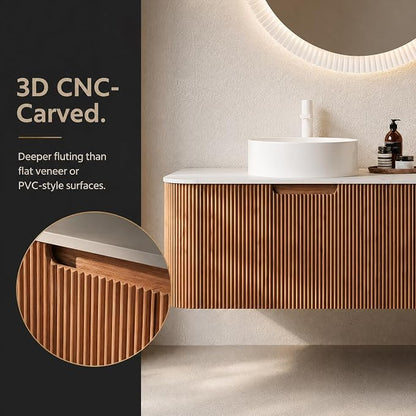 60 Inch Double Sink Bathroom Vanity, Floating Wall Mounted Cabinet, Natural Woodgrain Curved Fluted Front, Stone Top, Dual Pure White Round Vessel Basins, Pre-Assembled