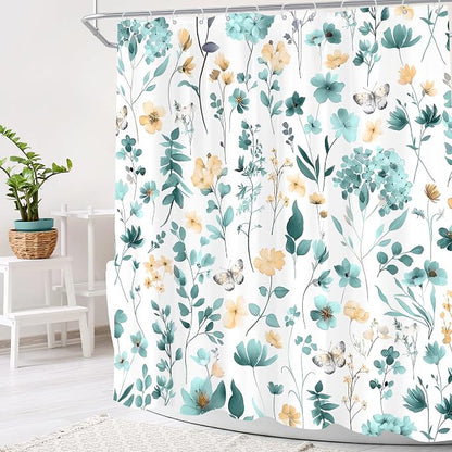 Cute Floral Teal Flower Wildflower Rustic Women Bathroom Shower Curtain Set | 72"W x 72"H Plants Leaves; waterproof HD print, quick-dry fabric and plastic hooks for easy setup.