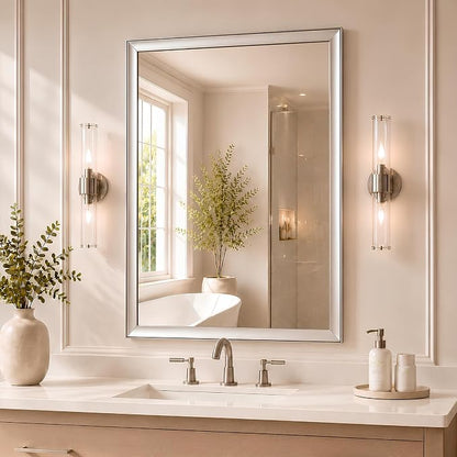 Brushed Nickel Bathroom Mirrors for Over Sink 30x40 Inch | Curved Aluminum Frame Rectangle Vanity Mirror for Bedroom Living Room Entryway, HD Tempered Glass, Anti-Rust