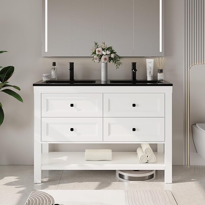 eclife 48" Bathroom Vanity with Sink Combo, Modern Painted Vanities Cabinet with Big Drawers, Opening Bottom Shelf, Raised Foot Pads, Include Undermount Black Sink, Faucet & Drain, White