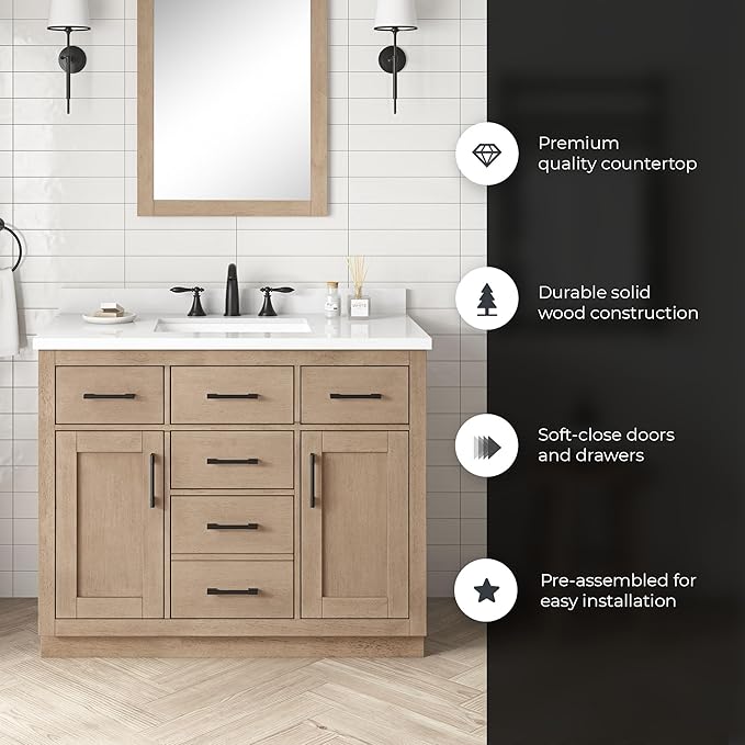OVE Decors Bailey 42 in. Single Sink Freestanding Sahara Birch Bathroom Vanity with White Quartz Top, Matching Backsplash and Power Bar