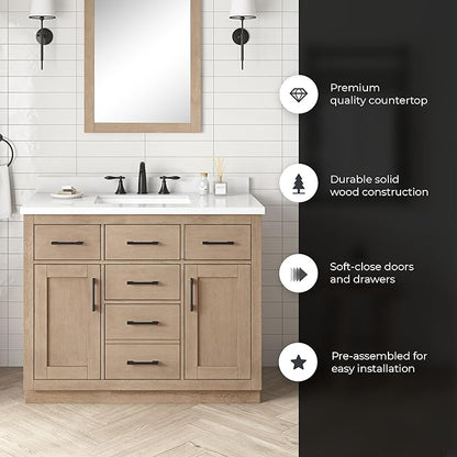 OVE Decors Bailey 42 in. Single Sink Freestanding Sahara Birch Bathroom Vanity with White Quartz Top, Matching Backsplash and Power Bar