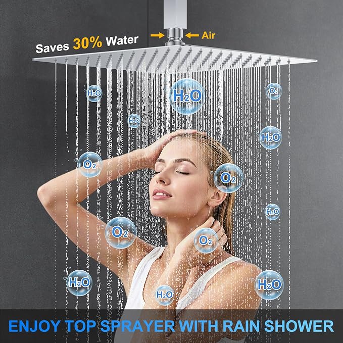 Shower Faucet Set, 12" Ceiling Mount Rainfall Shower System with 2 Rain Shower Head and Multi-function Handheld Head Push Button Diverter Shower Faucet Trim Kit (12", Polished Chrome)