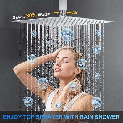 Shower Faucet Set, 12" Ceiling Mount Rainfall Shower System with 2 Rain Shower Head and Multi-function Handheld Head Push Button Diverter Shower Faucet Trim Kit (12", Polished Chrome)