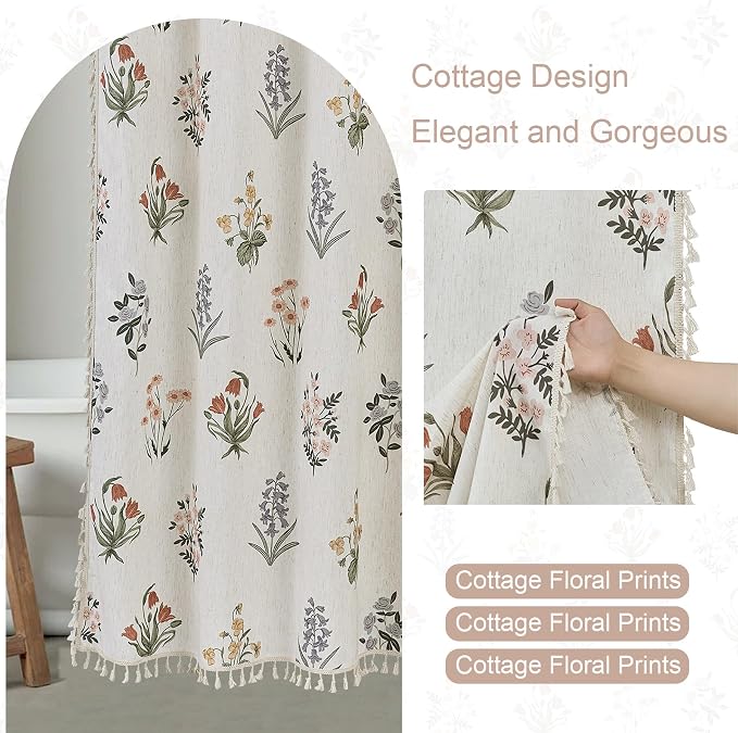 ORTIGIA Linen Textured Shower Curtain with Tassels,Vintage Floral Boho Cottagecore Waterproof Bath Curtain Metal Hooks for Rustic Farmhouse Bathroom Decor 72x72 Inch