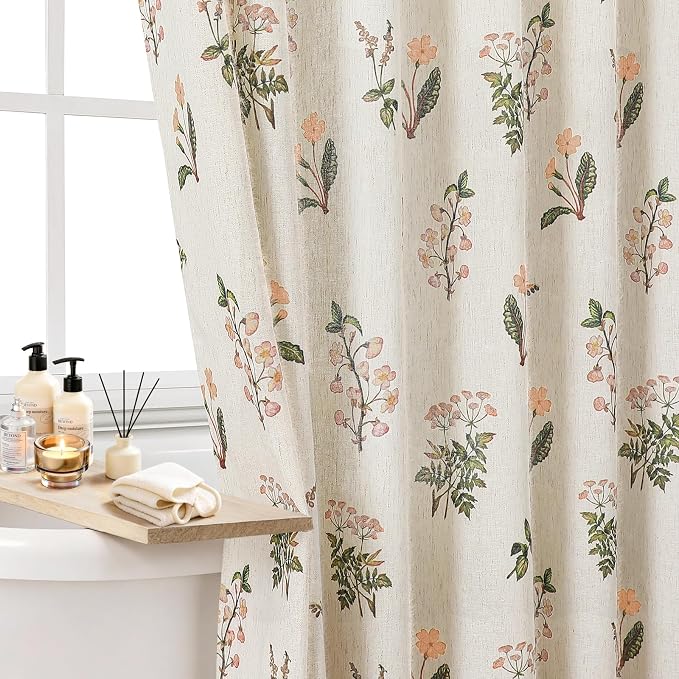 Colorful Star Farmhouse Floral Linen Shower Curtain, Vintage Boho Shower Curtain for Bathroom, French Country Pattern Waterproof Bathroom Curtains, 36" W x 72" L