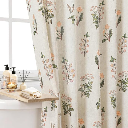 Colorful Star Farmhouse Beige Floral Linen Shower Curtain, 72" W x 84" L | Waterproof Shower Curtain Set with 12 Clear Hooks for Bathroom, Vintage Boho Farmhouse Linen Fabric Bathroom Curtains