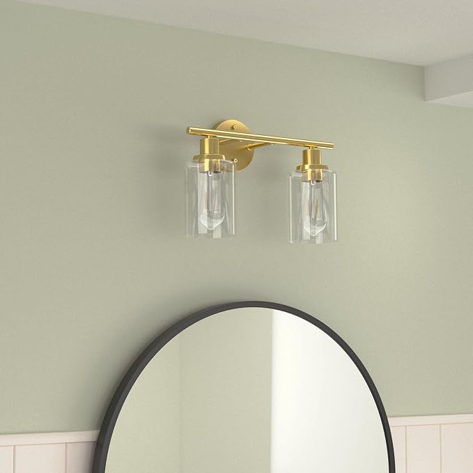 Bathroom Light Fixtures, 2 Light Vanity Light, Gold Wall Sconces Lighting | Modern Bath Wall Mounted Lights with Glass Shade, Porch Wall Lamp for Mirror, Living Room, Bedroom, Brushed Brass