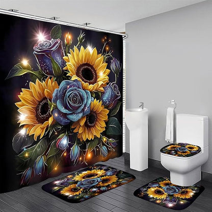 AZHM Sunflower and Rose Shower Curtain Starlight Glitter Flower Bathroom Decor Set with Shower Curtain and Rugs and Accessories with 12 Hooks