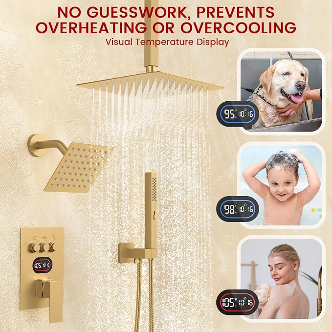 Longriver 3-Push Button Shower Faucet Set Hydro Power Temperature Display | Shower System Ceiling Mounted 10" & Wall Mounted 6" Shower Head with 3-Spary Handheld, Brushed Gold