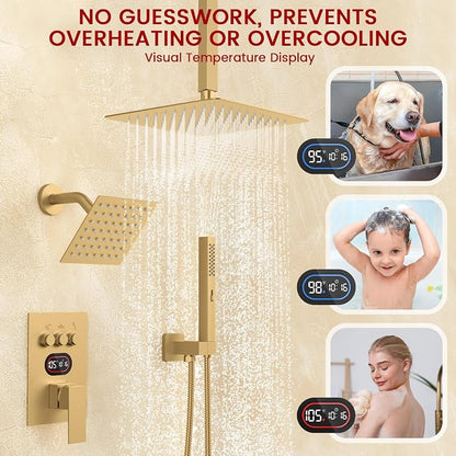 Longriver 3-Push Button Shower Faucet Set Hydro Power Temperature Display | Shower System Ceiling Mounted 10" & Wall Mounted 6" Shower Head with 3-Spary Handheld, Brushed Gold