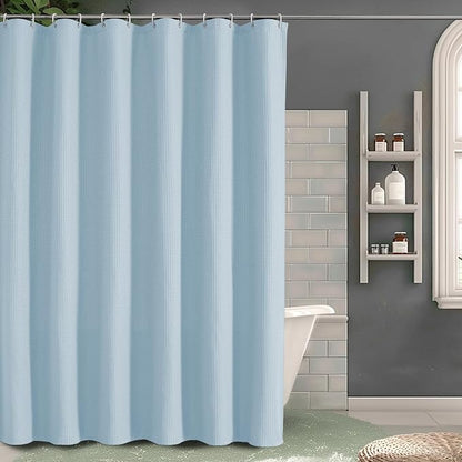 Long Fabric Shower Curtain Set, Waffle Textured Shower Curtain for Bathroom - Weight 230GSM Heavy Duty Hotel Spa Luxury Bath Curtain Set with 12 Plastic Hooks, 72Wx78L, Glacier Blue
