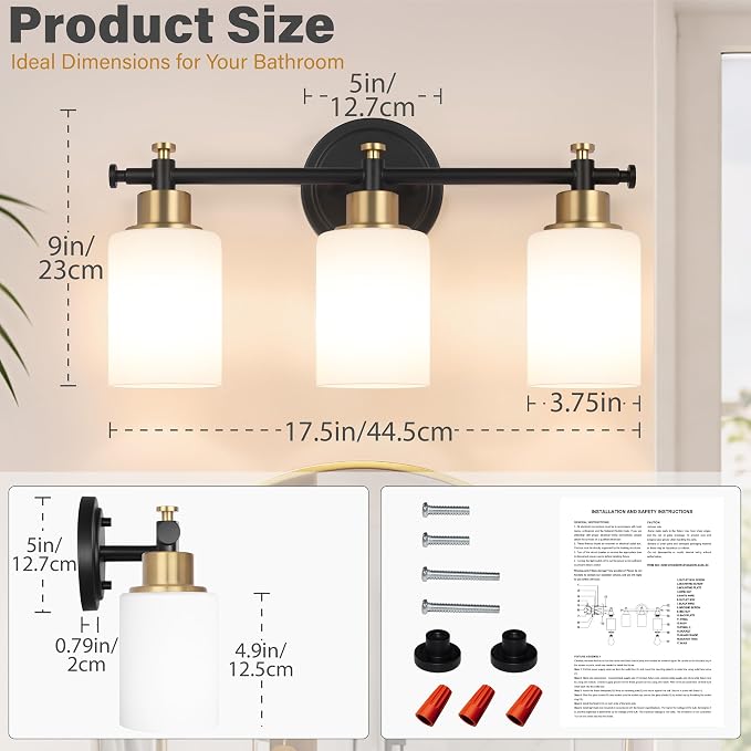 3 Light Black and Gold Bathroom Vanity Light Fixture over Mirror, 17.5'' | Vanity Lights for Bathroom, Bedroom, Living Room, White Frosted Glass Shades, Modern, E26(Bulbs Not Included)
