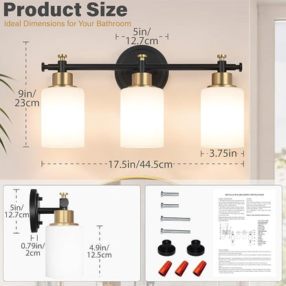3 Light Black and Gold Bathroom Vanity Light Fixture over Mirror, 17.5'' | Vanity Lights for Bathroom, Bedroom, Living Room, White Frosted Glass Shades, Modern, E26(Bulbs Not Included)