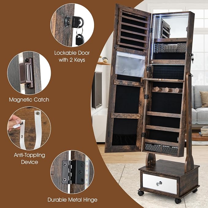 CHARMAID Rolling Jewelry Armoire with Full Length Mirror, Lockable Standing Jewelry Cabinet Organizer with Wheels & 3-Color Lights, Mirror with Jewelry Storage, Drawers & Shelves (Rustic Brown)