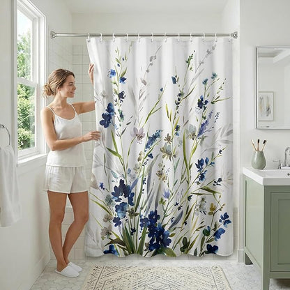 Americanflat 71x74 Floral Shower Curtain - Water-Resistant Long Shower Curtain with Durable Metal Grommets and 12 Hooks - 100% Polyester - Botanical Bathroom Curtains - Blue, Green, Taupe and White