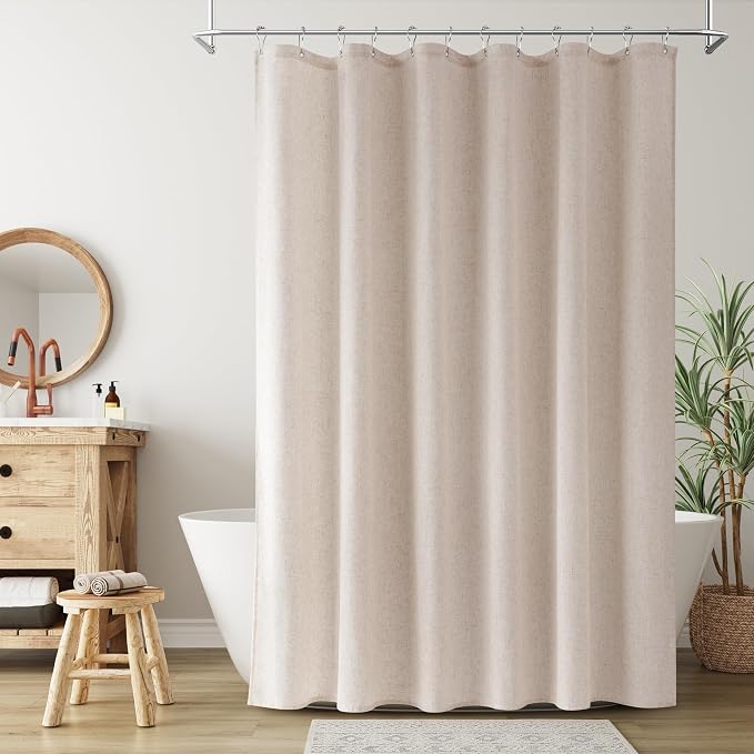 Extra Long Linen Shower Curtain for Bathroom 90 Inch Cream Beige | Weighted Tall Bath Curtains with Hooks, Water Repellent, Neutral Boho Farmhouse, Simple Luxury Shower Decor, 1 Panel, 72x90