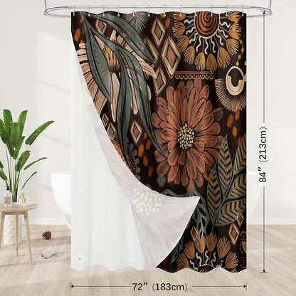 3 in 1 Dark Floral Shower Curtain Set with PEVA Liner & 12 Hooks, 72 x 84 | Boho Tropical Botanical Style, Farmhouse Floral Fabric, Modern Hotel Inspired, Water‑Repellent, Machine Washable