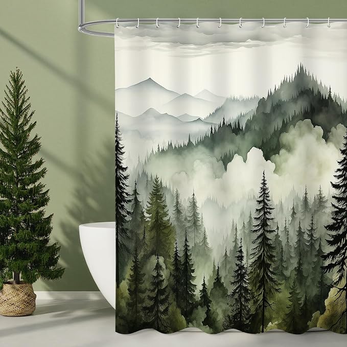 Litabel Dark Green Long Misty Pine Forest Shower Curtain 72 x 78, Mountain Foggy Woodland Scenery Tree 78 Inch Long Shower Curtains for Bathroom, Abstract Waterproof Nature-Themed Decor