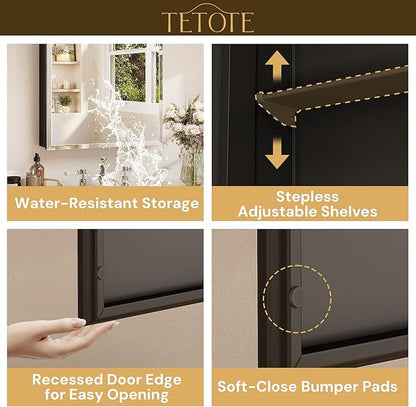 TETOTE 16 x 24 Medicine Cabinet with Tempered Beveled Mirror Black Bathroom Mirror with Storage Aluminum Cabinet DTC Hinges, Stepless Adjustable Shelves, Recessed/Surface-Mounted