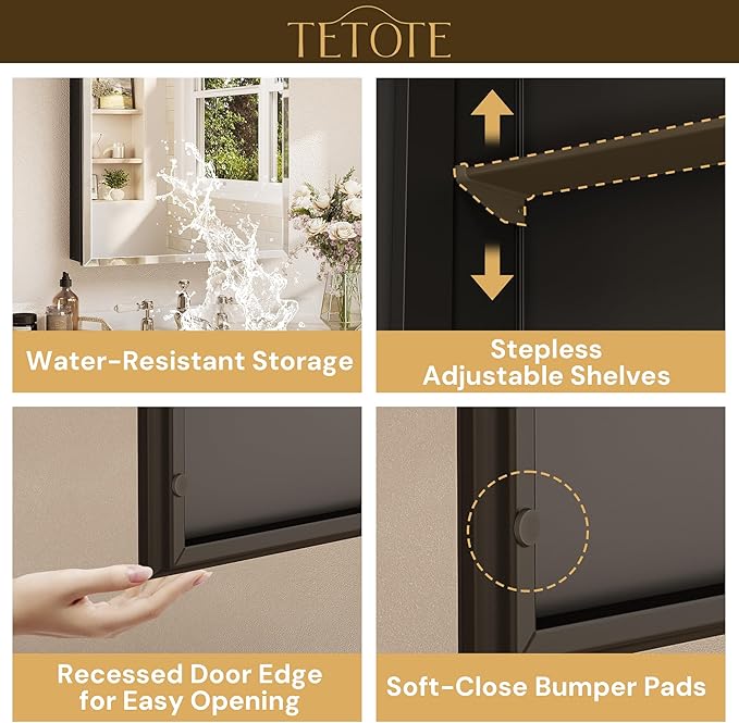TETOTE 40 x 26 Bathroom Mirror with Storage with Tempered Beveled MirrorBlackMedicine Cabinet Aluminum Cabinet DTC Hinges, Stepless Adjustable Shelves, Recessed/Surface-Mounted