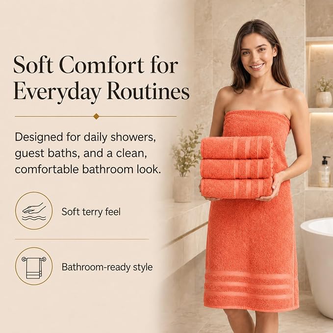 Velqora Bath Towels, 2 Pack, 30x60 in, 100% Cotton, Soft & Absorbent, Coral | Balanced Weight | Everyday Comfort | Easy Care