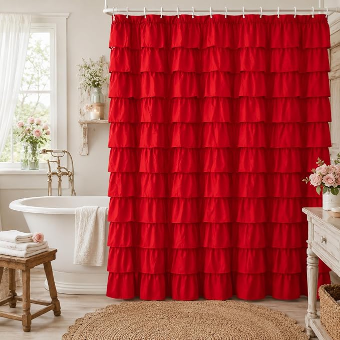 Red Ruffle Shower Curtain for Bathroom, 72x84, Christmas Bathroom Decor | Rich Red Ruffles, 84in, 12 Hooks Included, Machine Washable, Solid Soft Microfiber Fabric, Boho Textured Style,Holiday Accent