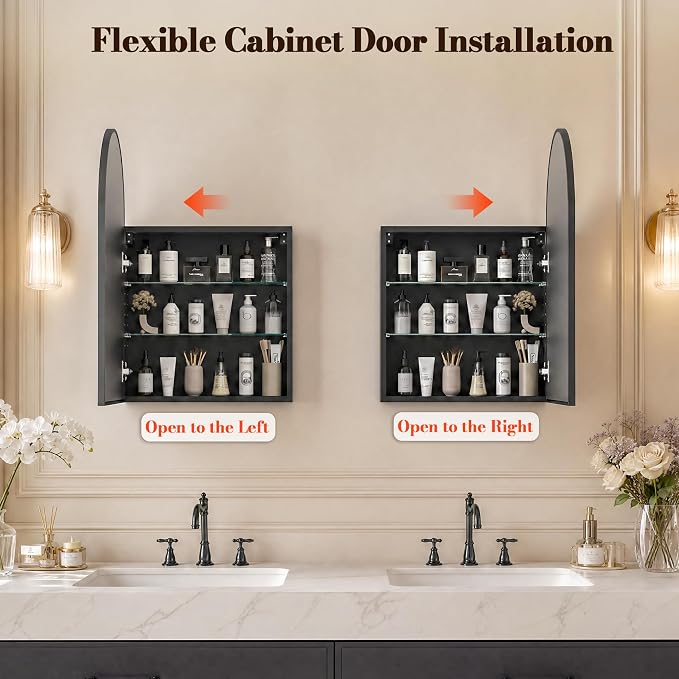 FKWin Medicine Cabinet Mirror for Bathrooms, Wall Mount Storage, 20x30 inch | Bathroom Mirror with Storage, Small Bathroom Solution, Adjustable Shelves, Reversible Door, Bathroom Upgrade, Black