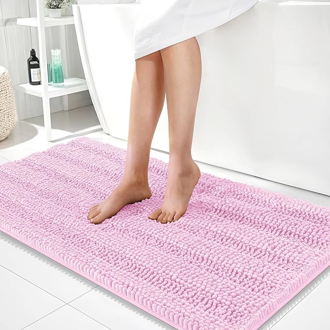OLANLY Thick Bathroom Runner Rugs 44x24, Soft Chenille Long Bath Rugs, Pink | Absorbent Striped, Rubber Backing, Machine Wash, Bath Mats for Bathroom Floor, Tub and Shower, Home Decor Accessories