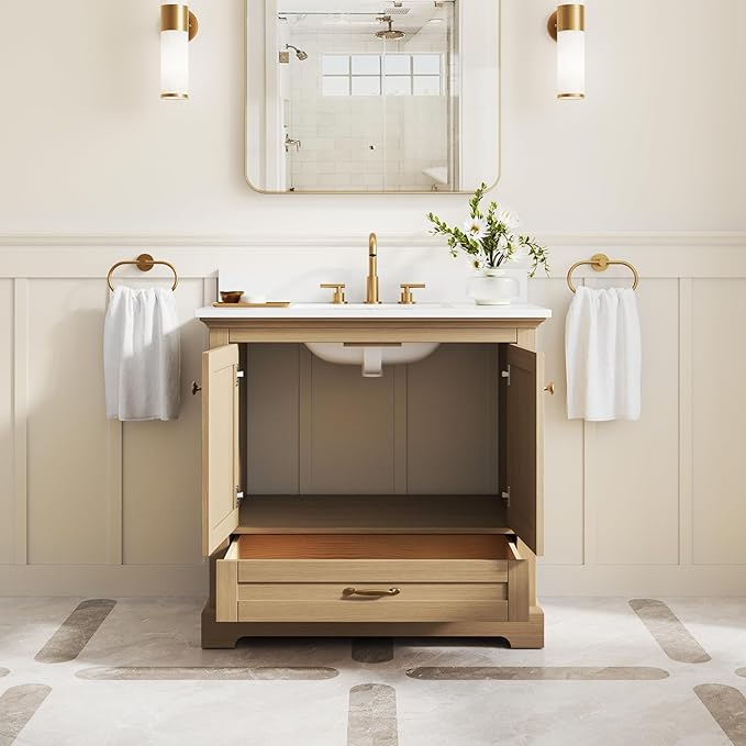 WELLFOR 36" Bathroom Vanity with Sink, Bathroom Freestanding Vanity W/ 2 Soft-Close Doors and 1 Soft-Close Drawers, Bathroom Cabinet Vanity with Cultured Marble Countertop (Oak)