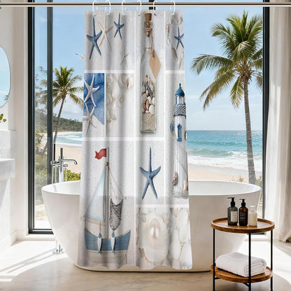 Beach Small Shower Curtain Ocean Modern Nautical Theme Fabric Aesthetic Lighthouse Seashell Bathroom Decor Sets with Grommets and Hooks 36 W x 72 H Inches Blue and White