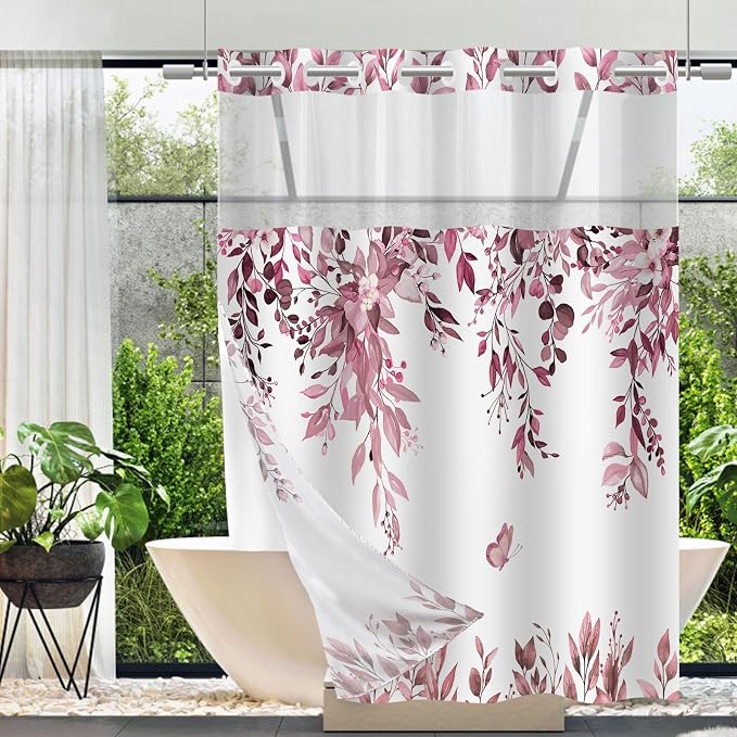 No Hook Shower Curtain and Liner Set, Dark Red Eucalyptus 71x77 | Floral Design, with Snap in Liner, See-Through Top Window, Waterproof, Machine Washable, Quick-Drying, for Hotel Bathroom
