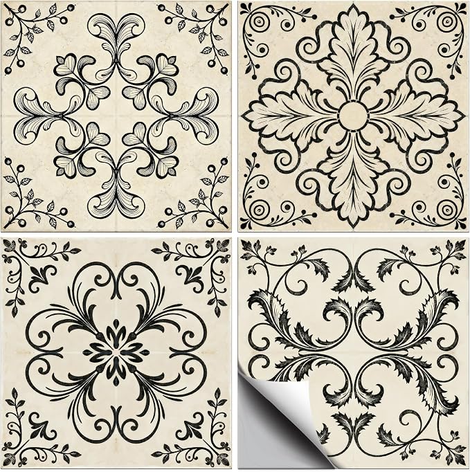 36 Pcs 4 Style Retro Pattern Peel and Stick Wall Tile Sticker Line Drawings Pattern Wall Stickers Waterproof Self Adhesive Stick on Tile Decals for Kitchen Bathroom Art Decor, 4×4 Inch