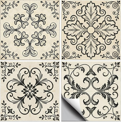 36 Pcs 4 Style Retro Pattern Peel and Stick Wall Tile Sticker Line Drawings Pattern Wall Stickers Waterproof Self Adhesive Stick on Tile Decals for Kitchen Bathroom Art Decor, 4×4 Inch