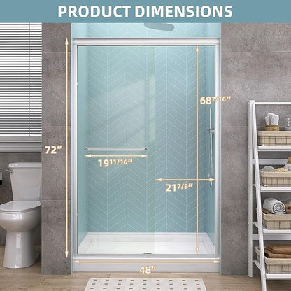 GETPRO Shower Door Sliding 44-48 in. W x 72 in. H Semi-Frameless Bypasss Double Sliding Doors for Shower,1/4 inch Clear Tempered Walk-in Shower Glass Door Brushed Nickel