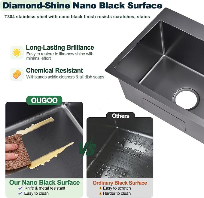 Drop in Kitchen Sink, 25x18x9 Inch | 304 Stainless Steel Single Bowl, Topmount with 2 Holes, R10 Tight Corner, for Modern Kitchen/RV/Outdoor Sink, Black