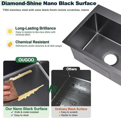 24x18x9 Inch Kitchen Sink, for Modern Kitchen/RV/Outdoor Sink | 304 Stainless Steel Single Bowl, 2-Hole Drop In Installation, R10 Tight Corner, Black