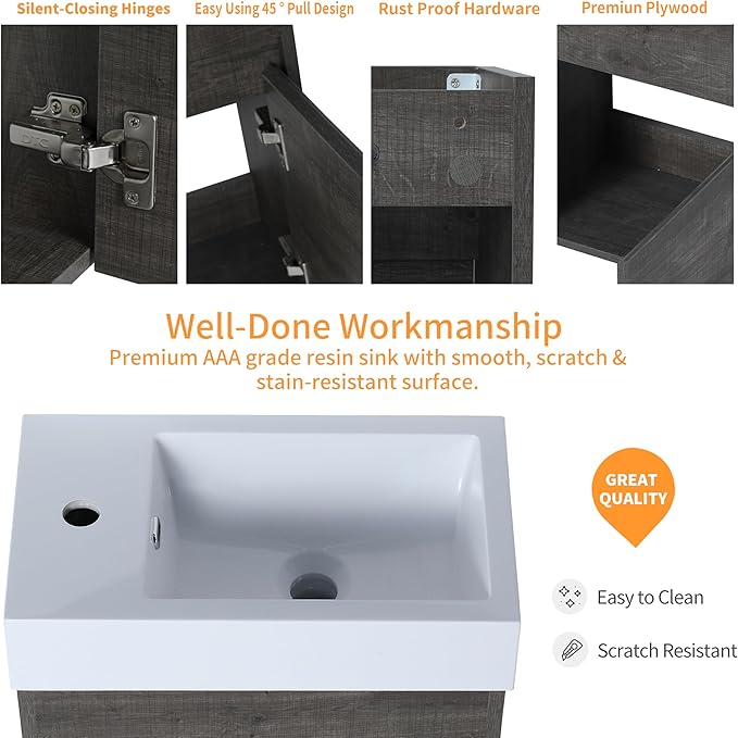 18" Floating Wall-Mount Bathroom Vanity with Ceramic Sink - Space-Saving Design, Soft-Close Doors & Waterproof Storage Cabinet for Small Bathrooms