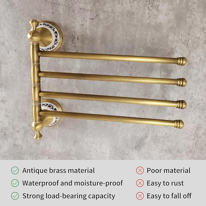 Swivel Towel Rack for Bathroom, Antique Bronze Folding 4 Arms Hand Towel Bars Towel Hanger for Laundry, Wall Mount Storage Space Saving,Porcelain Design