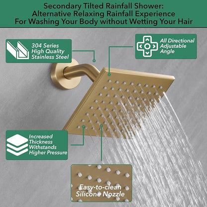 VANFOXLE Shower Faucet Set Brushed Rose Gold Four Modes Shower System,Shower Faucet with 2 in 1 Handheld,Ceiling Mount 16 Inch LED Shower Head(Rain and Waterfall)+6 Inch Shower Head