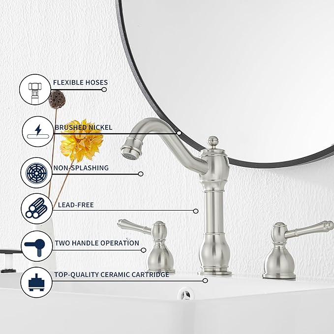GGStudy 2 Handles 3 Holes Faucet Widespread Bathroom Sink Faucet Basin Tap Mixer Supply Hose Included Matching Pop Up Drain Brushed Nickel