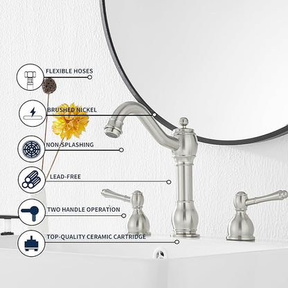 GGStudy 2 Handles 3 Holes Faucet Widespread Bathroom Sink Faucet Basin Tap Mixer Supply Hose Included Matching Pop Up Drain Brushed Nickel