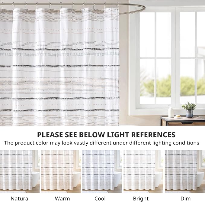 INK+IVY NEA Shower Curtain for Bathroom, Cotton, 72 x 72, Off White/Gray | Adds Privacy, Machine Washable, Striped Pattern, Boho, OEKO-TEX Certified