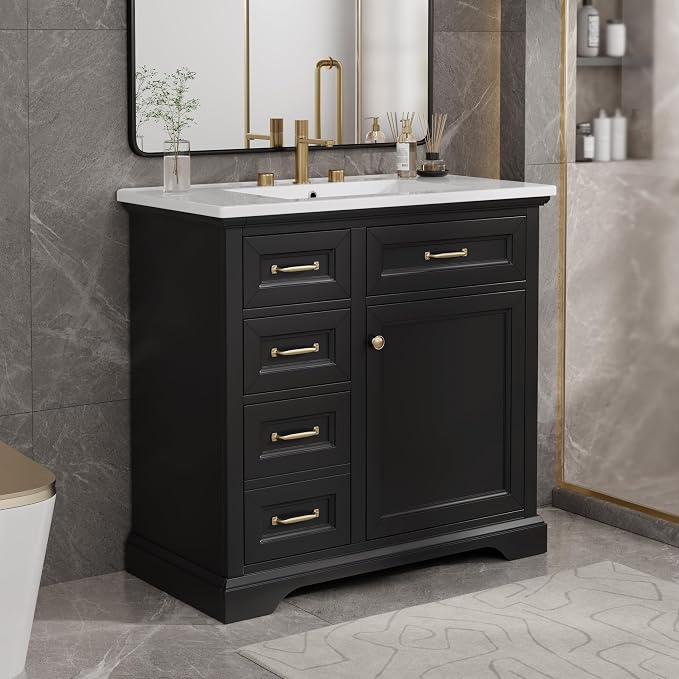 36" Bathroom Vanity with Ceramic Sink,Freestanding Storage Cabinet w/Soft-Close Door and 2 Tip-Out & 2 Drawers,Undermount Single Basin Bath Vanity Set w/Adjustable Shelf,Black