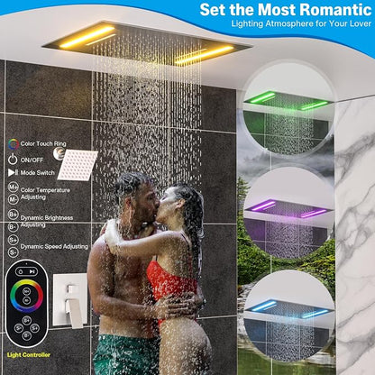ENGA Dual Rain Shower Head System, 2 In 1 Functions Ceiling Mount 14x20inch LED Shower Head with 6 Inch Shower Head, Rainfall Waterfall Shower Faucet Set, Brushed Nickel
