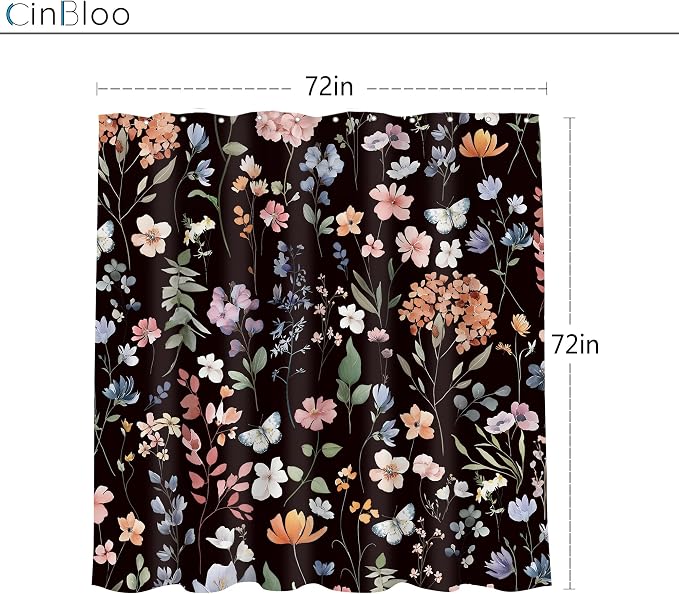 Black Flower Dark Floral Wildflower Leaves Leaf Bathroom Shower Curtain Set | 72"W x 72"H Vintage Botanical; waterproof HD print, quick-dry fabric and plastic hooks for easy setup.