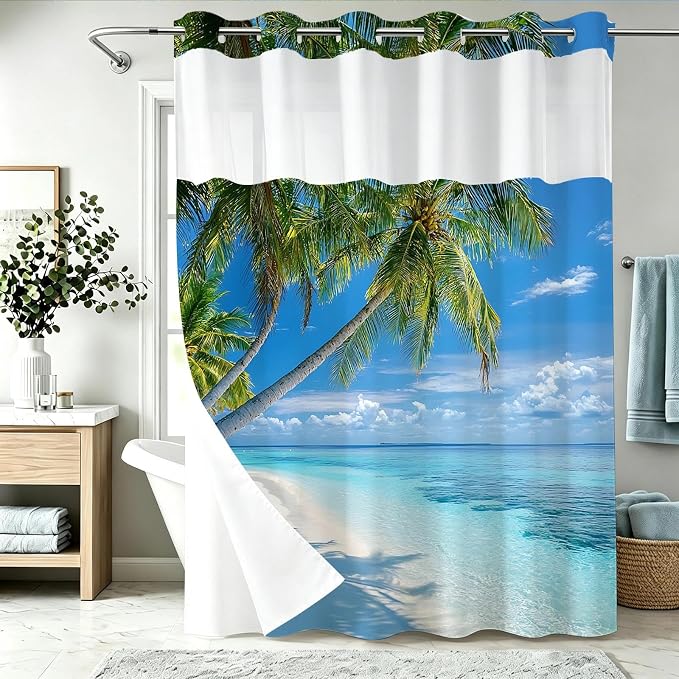 Ocean Summer Beach No Hook Shower Curtain Luxury Tropical Palm Tree Scenic | Nature No Hook Shower Curtain with Snap in Liner, Waterproof Ringless Shower Curtains for Bathroom 72x74 Inch Blue